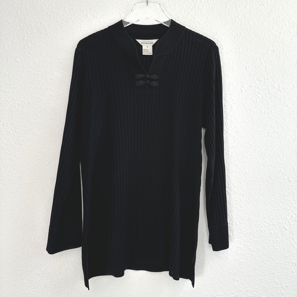 Exclusively Misook Ribbed Knit Tunic Top Womens Large Black Long Sleeve‎ Modest